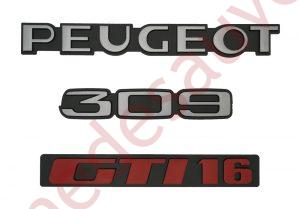 KIT 3 LOGOS ” PEUGEOT 309 GTI 16 ” GRIS ET ROUGE MONOGRAMME POUR PEUGEOT GTI16