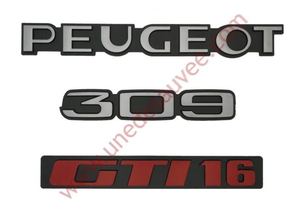 KIT 3 LOGOS ” PEUGEOT 309 GTI 16 ” GRIS ET ROUGE MONOGRAMME POUR PEUGEOT GTI16