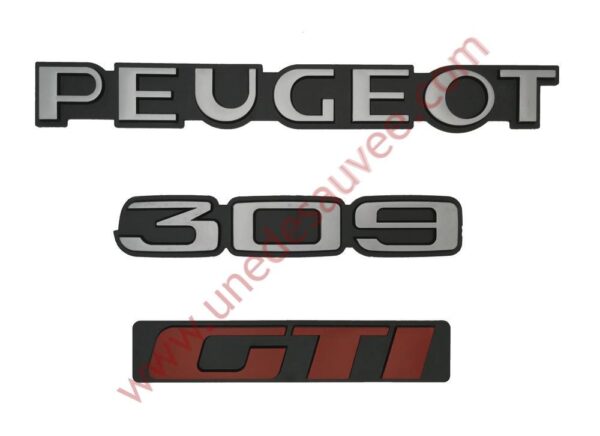 KIT-3-LOGOS-”-PEUGEOT-309-GTI-”-GRIS-ET-ROUGE-MONOGRAMME-POUR-PEUGEOT