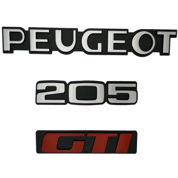 KIT DE 3 LOGOS PEUGEOT 205 GTI MONOGRAMME ROUGE ET GRIS