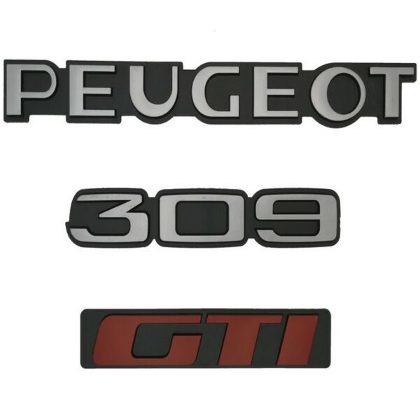 KIT DE 3 LOGOS PEUGEOT 309 GTI GRIS ET ROUGE MONOGRAMME POUR PEUGEOT 309