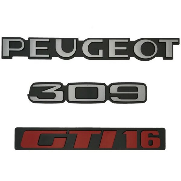 KIT DE 3 LOGOS PEUGEOT 309 GTI 16 GRIS ET ROUGE MONOGRAMME POUR PEUGEOT 309