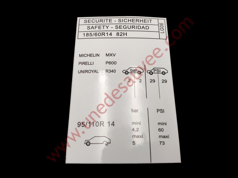 AUTOCOLLANT STICKER PRESSION PNEUS PEUGEOT 205 GTI CTI 1.6 - Une