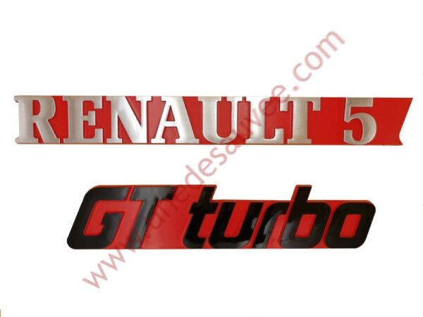 KIT 2 LOGOS ” RENAULT 5 GT TURBO ” ALUMINIUM-NOIR-ROUGE