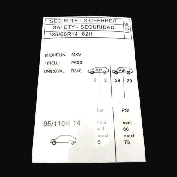 AUTOCOLLANT STICKER PRESSION PNEUS PEUGEOT 205 GTI CTI 1.6