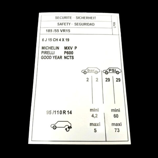 AUTOCOLLANT STICKER PRESSION PNEUS PEUGEOT 309 205 GTI 1.9