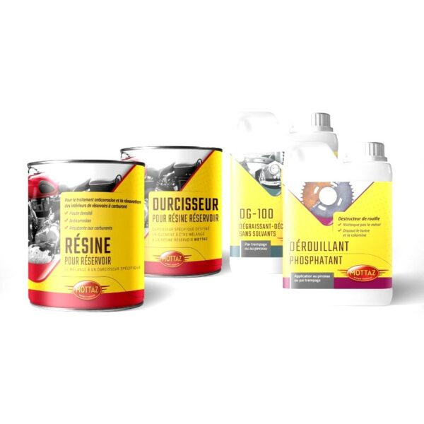 KIT COMPLET RESINE - DURCISSEUR + DEGRAISSANT + DEROUILLANT POUR TRAITEMENT RESERVOIR JUSQU'A 7 LITRES DE MARQUE MOTTAZ