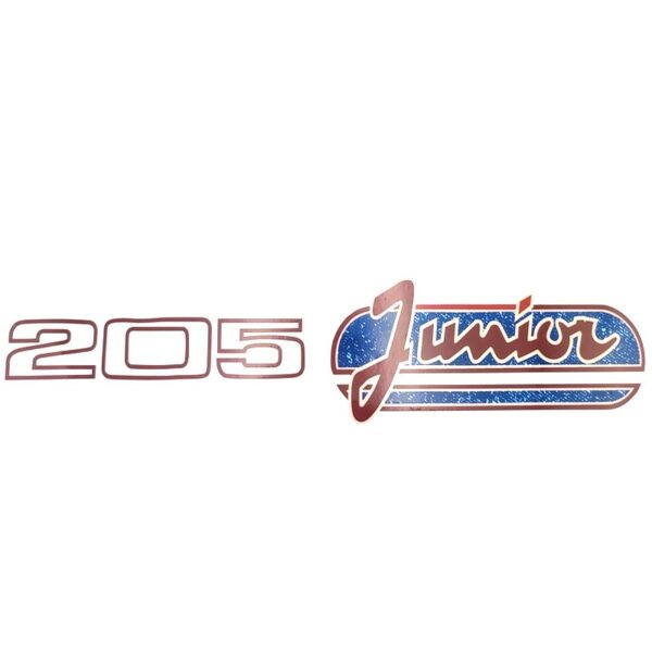 AUTOCOLLANT STICKER – LOGO ROUGE ET BLEU ” 205 JUNIOR” DE HAYON ARRIERE POUR PEUGEOT 205 JUNIOR