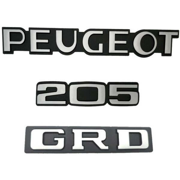 KIT DE 3 LOGOS " PEUGEOT 205 GRD " MONOGRAMME NOIR ET GRIS