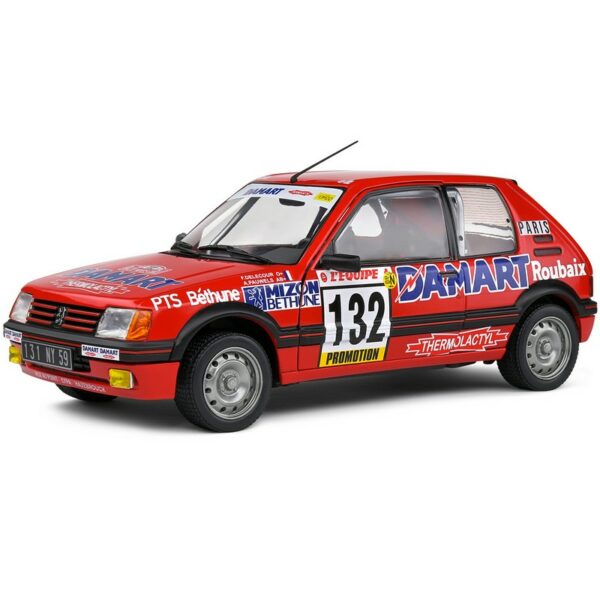 PEUGEOT 205 GTI 1.6 ROUGE RALLYE N° 132 MONTE CARLO DELECOURPAUWELS 1986 118 VOITURE MINIATURE SOLIDO