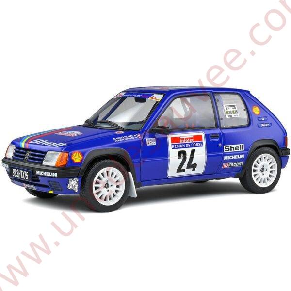 PEUGEOT 205 RALLYE PTS 1.3 1990 1/18 VOITURE MINIATURE SOLIDO TOUR DE CORSE BLEU SHELL