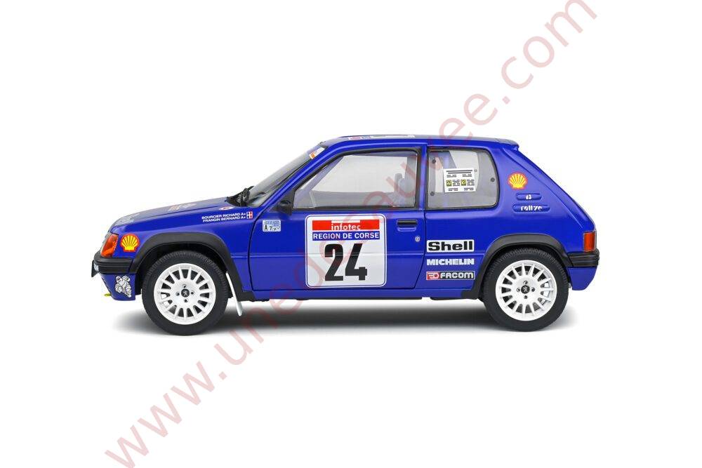 PEUGEOT 205 RALLYE PTS 1.3 1990 1/18 VOITURE MINIATURE SOLIDO TOUR DE CORSE BLEU SHELL