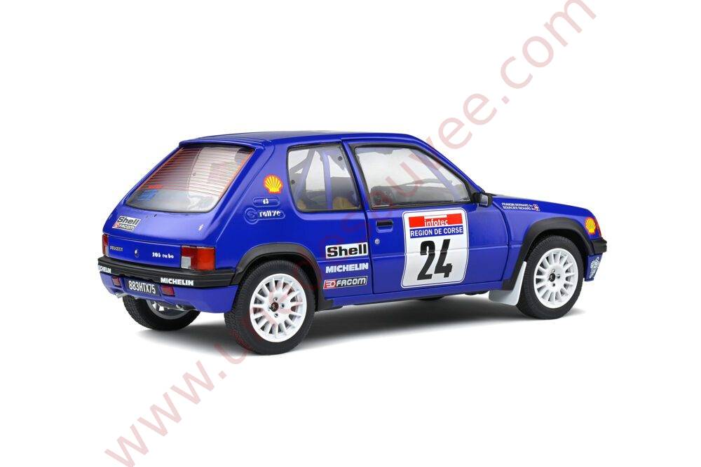 PEUGEOT 205 RALLYE PTS 1.3 1990 1/18 VOITURE MINIATURE SOLIDO TOUR DE CORSE BLEU SHELL