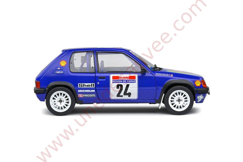 PEUGEOT 205 RALLYE PTS 1.3 1990 1/18 VOITURE MINIATURE SOLIDO TOUR DE CORSE BLEU SHELL