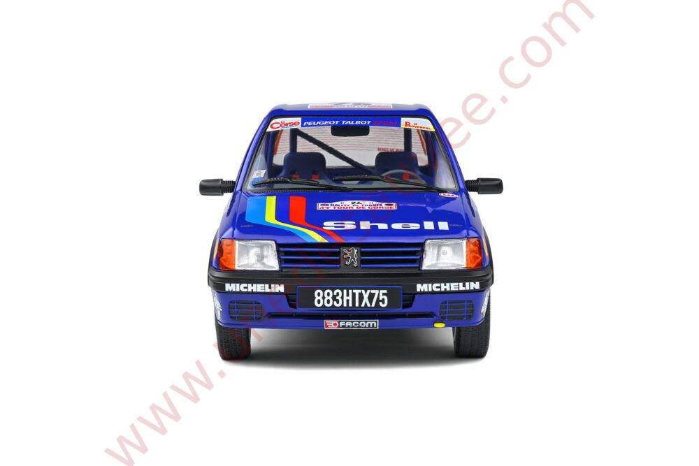 PEUGEOT 205 RALLYE PTS 1.3 1990 1/18 VOITURE MINIATURE SOLIDO TOUR DE CORSE BLEU SHELL