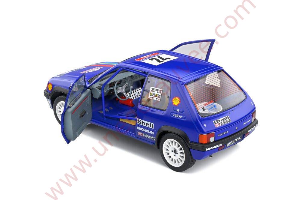 PEUGEOT 205 RALLYE PTS 1.3 1990 1/18 VOITURE MINIATURE SOLIDO TOUR DE CORSE BLEU SHELL