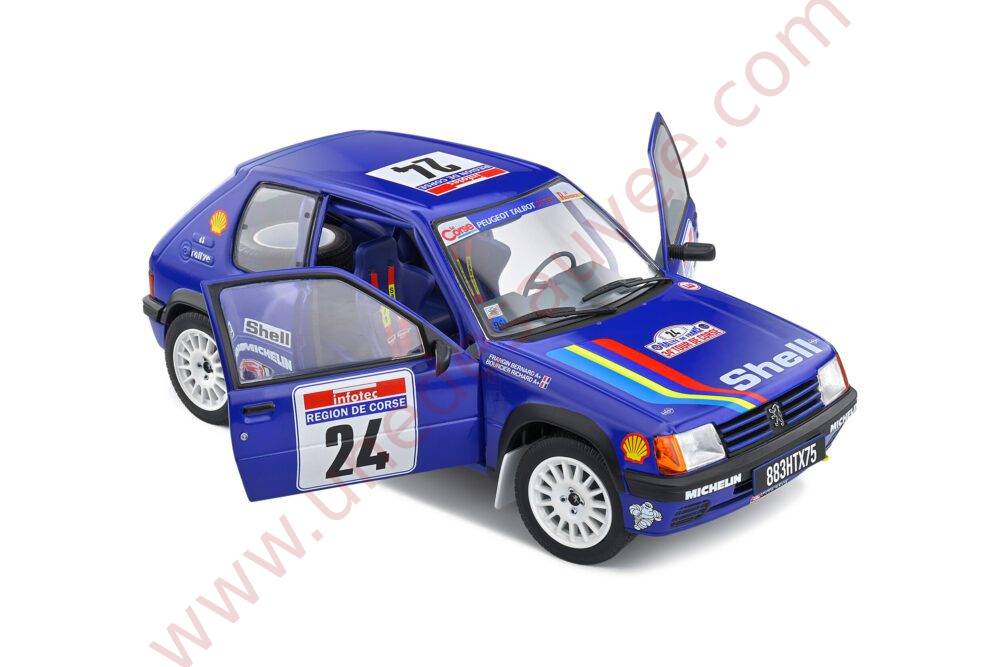 PEUGEOT 205 RALLYE PTS 1.3 1990 1/18 VOITURE MINIATURE SOLIDO TOUR DE CORSE BLEU SHELL