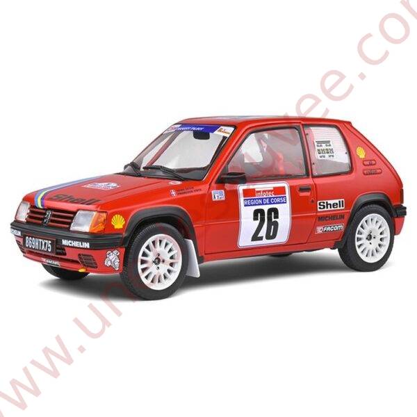 PEUGEOT 205 RALLYE PTS 1.3 1990 1/18 VOITURE MINIATURE SOLIDO TOUR DE CORSE ROUGE