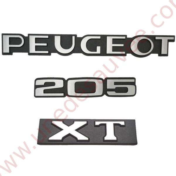 KIT DE 3 LOGOS " PEUGEOT 205 XT " MONOGRAMME NOIR ET GRIS