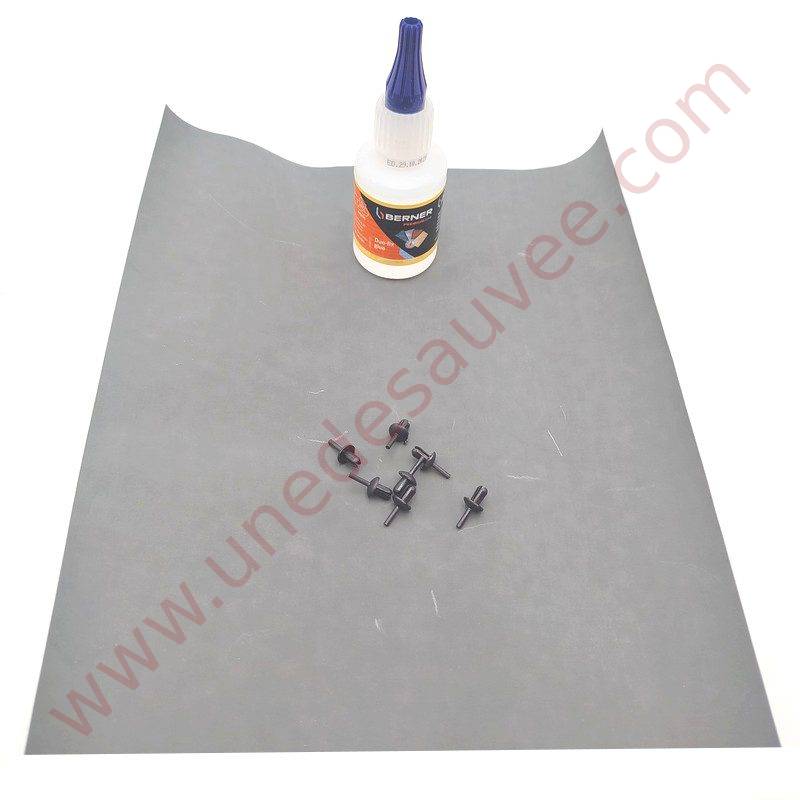 KIT COLLE SPECIALE GLUE + FEUILLE ABRASIVE 2000 POUR PONCER A L'EAU + RIVETS