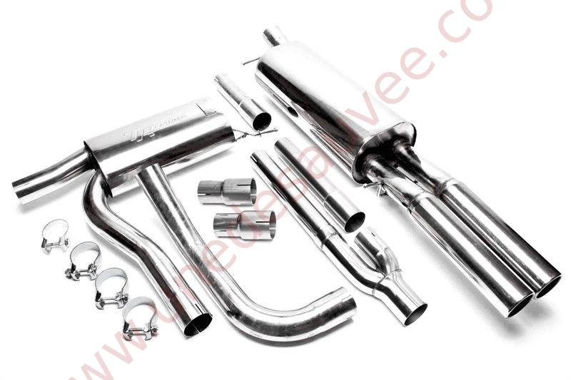 Ligne d’échappement sport inox double sortie ronde bordée 2×76 mm EVOA4AE276 pour Audi A4 Type B5 Limousine et Avant (1994–2001) hors Quattro